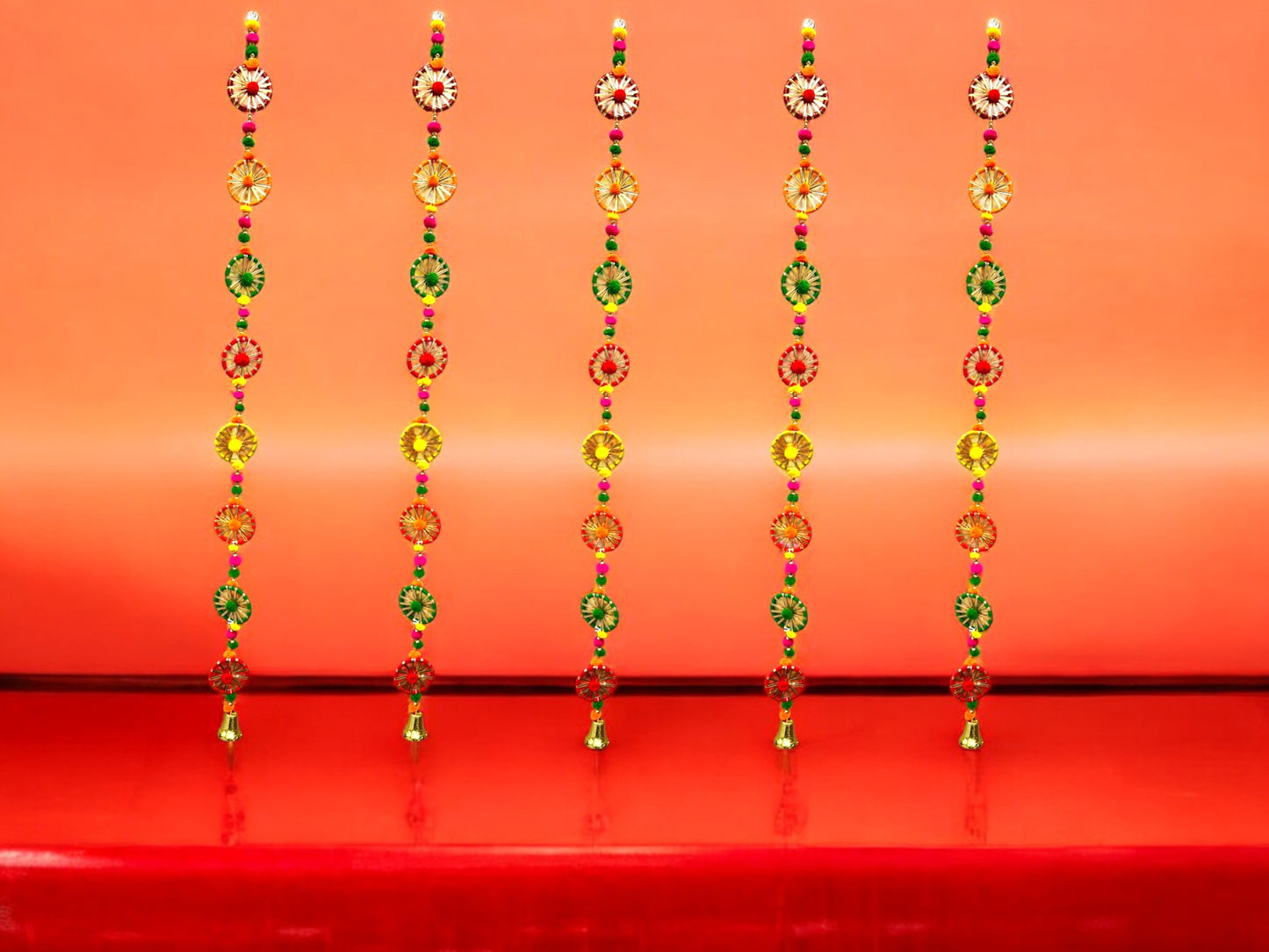 2 Feet Long Multicolor Gota Ring Hanging with bell Ornament, Set of 5