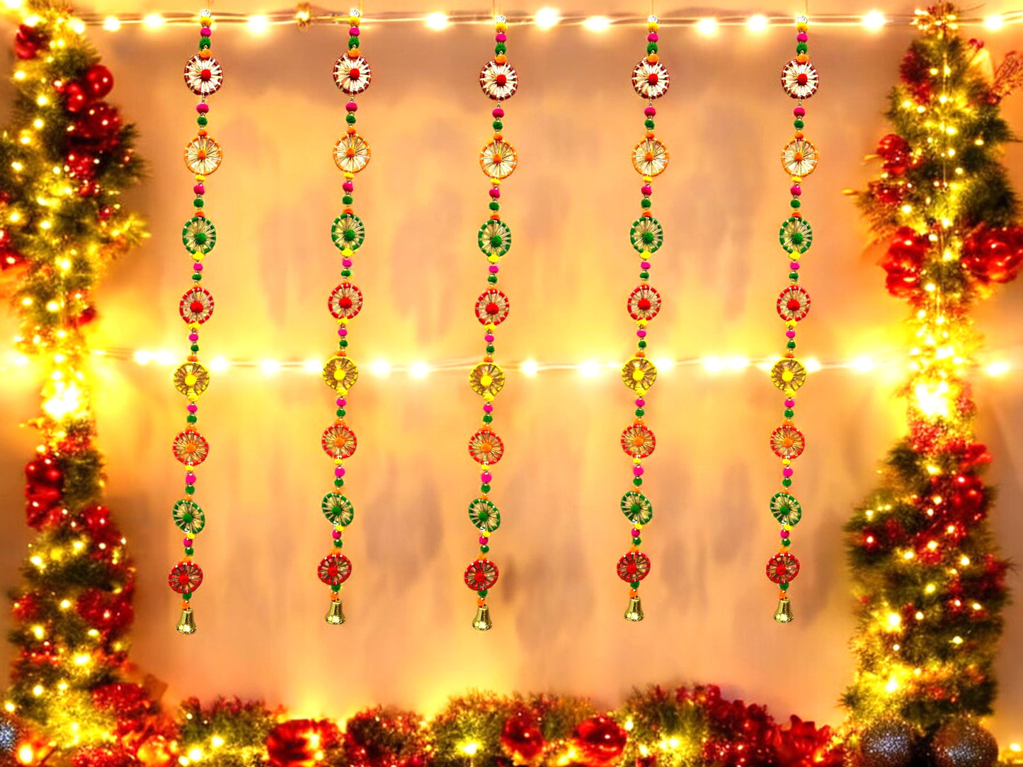 2 Feet Long Multicolor Gota Ring Hanging with bell Ornament, Set of 5