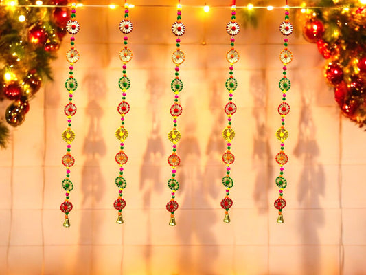 2 Feet Long Multicolor Gota Ring Hanging with bell Ornament, Set of 5