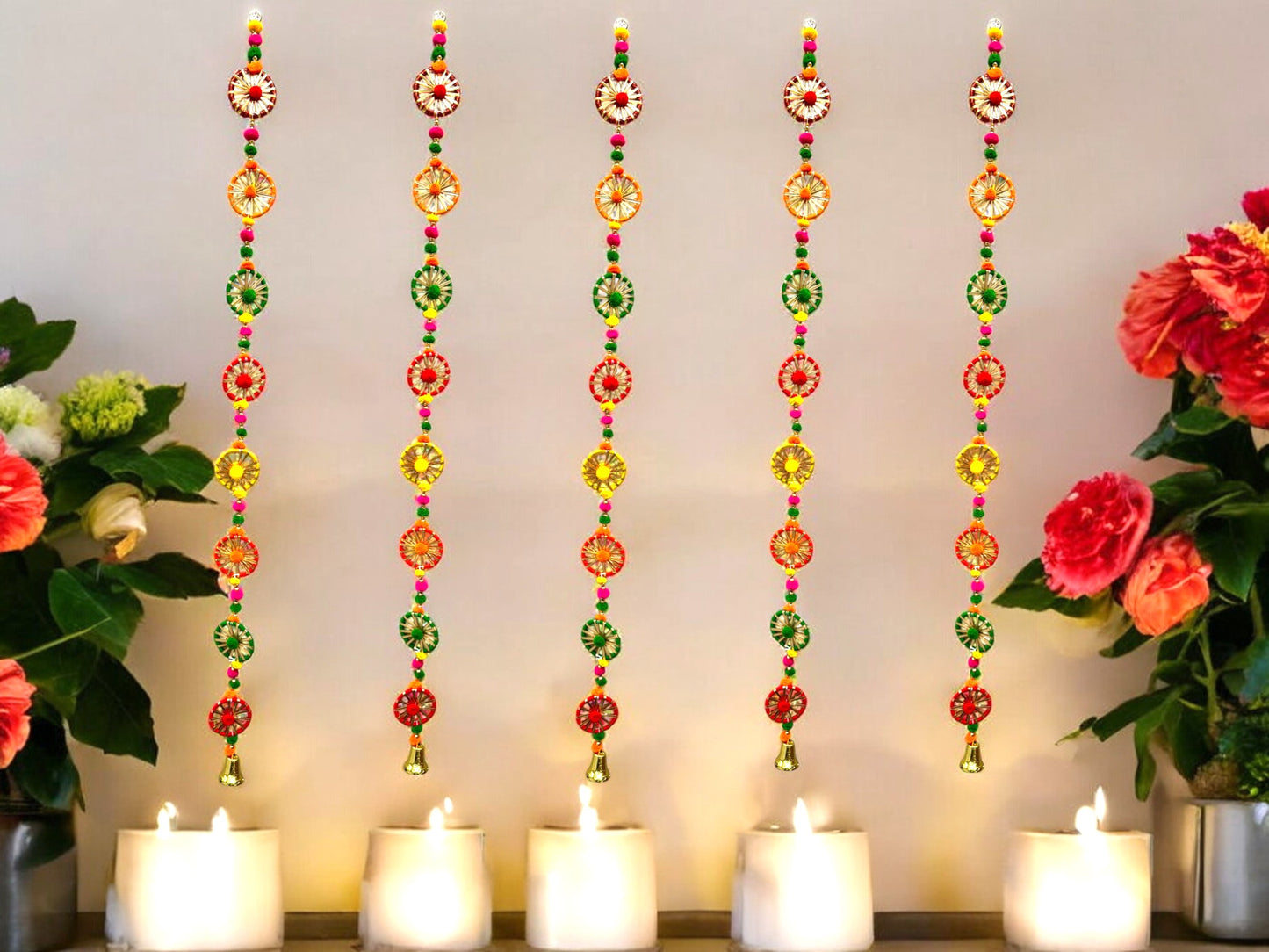 2 Feet Long Multicolor Gota Ring Hanging with bell Ornament, Set of 5