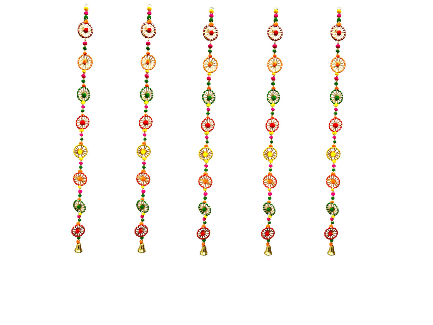 2 Feet Long Multicolor Gota Ring Hanging with bell Ornament, Set of 5