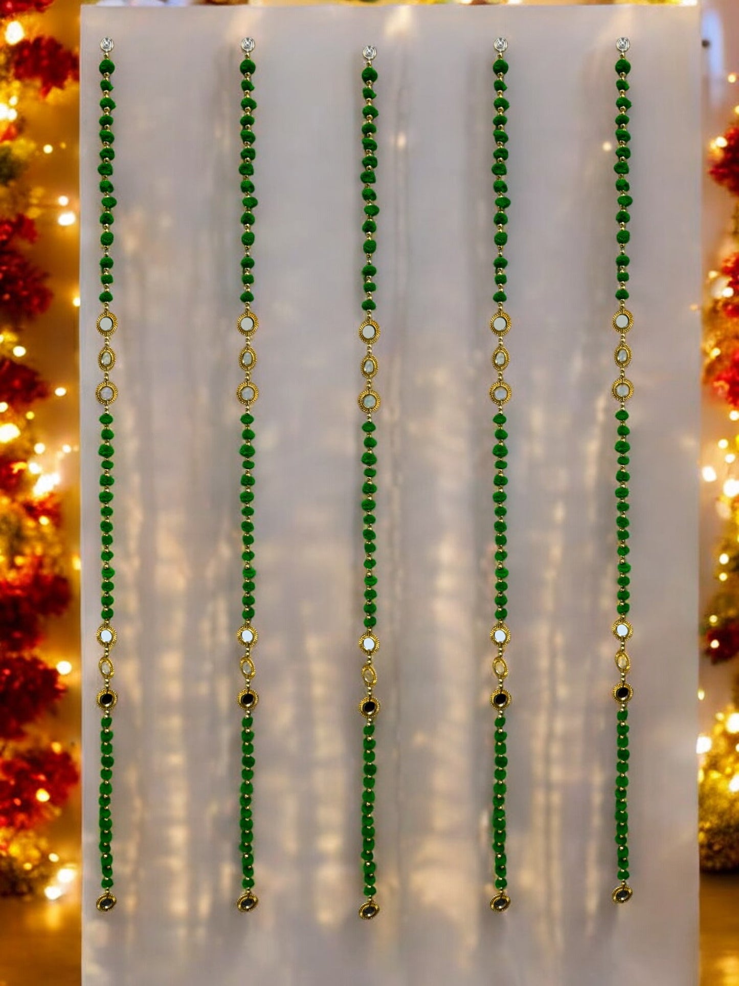52" Long Pompom & Real Mirror Lari, Set of 5