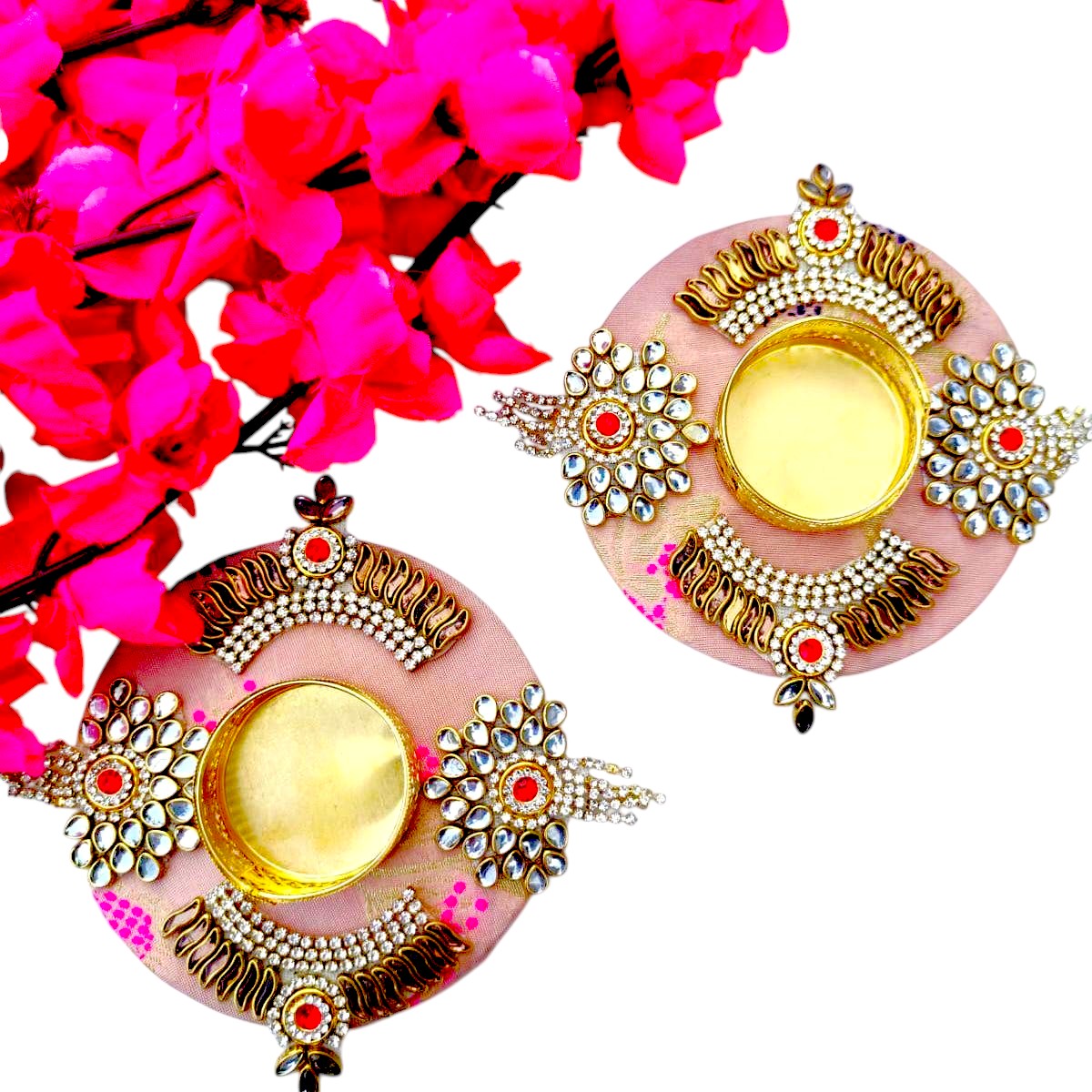 Diya with Kundan or Stone Studded Design on brocade Plate / T-Light Holder - Return Gift for Any Indian Celebration - Set of 2