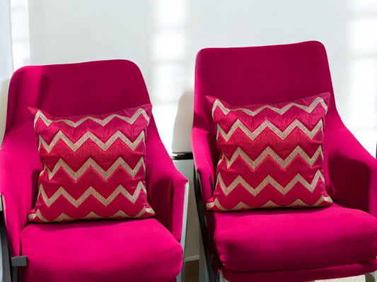 Silk Cushion or Pillow Cover with Golden Zigzag Embroidery, Set of 2