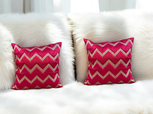 Silk Cushion or Pillow Cover with Golden Zigzag Embroidery, Set of 2