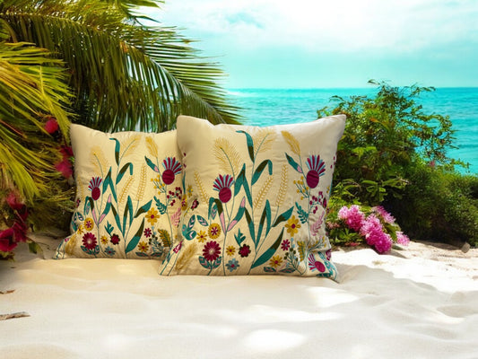 Satin Cushion or Pillow Cover with Garden Embroidery, Set of 2