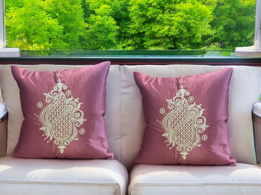 Satin Cushion or Pillow Cover with Koyari Embroidery, Set of 2