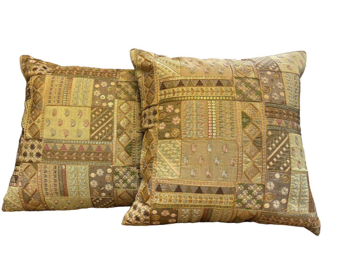 Silk Cushion or Pillow Cover with Heavy Traditional Indian Thread Work, Set of 2
