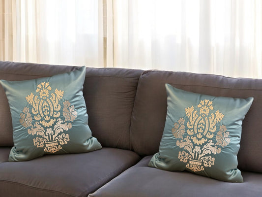 Satin Cushion or Pillow Cover with Golden & Ivory Embroidery, Set of 2