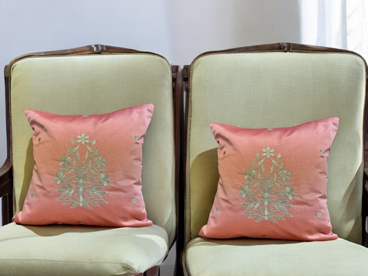 Satin Cushion or Pillow Cover with Golden Flower & Leaf, Set of 2