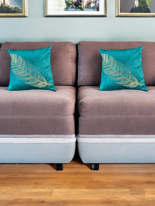 Velvet Cushion or Pillow Cover with Golden Feather Embroidery, Set of 2
