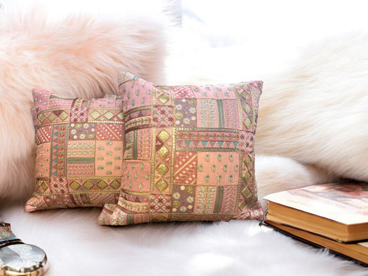 Silk Cushion or Pillow Cover with Heavy Traditional Indian Thread Work, Set of 2