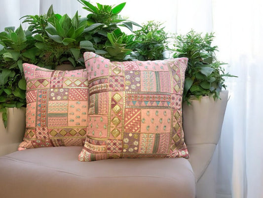 Silk Cushion or Pillow Cover with Heavy Traditional Indian Thread Work, Set of 2