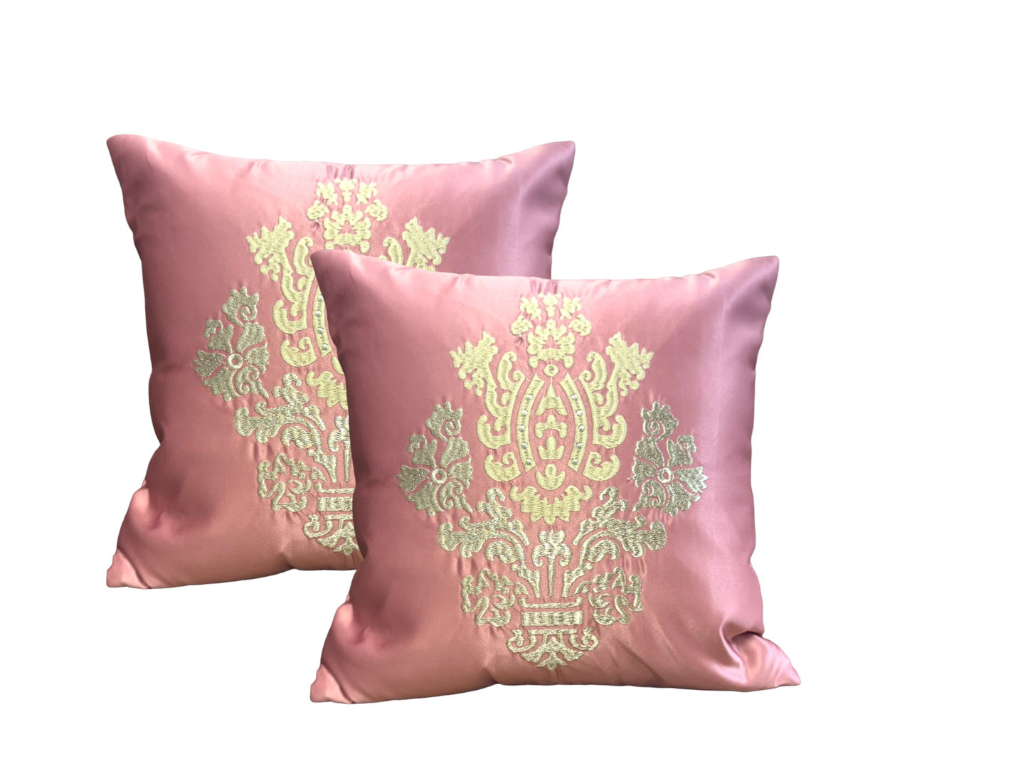 Satin Cushion or Pillow Cover with Golden & Ivory Embroidery, Set of 2