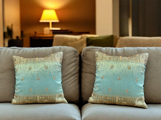 Silk Cushion or Pillow Cover with King Crown & Border Embroidery, Set of 2