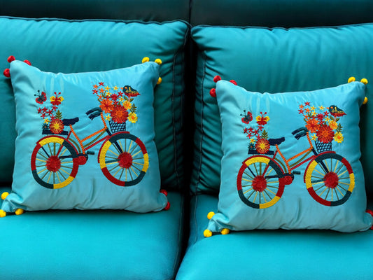 Satin Cushion or Pillow Cover with Cycle Embroidery & Satin Pompom on Sides, Set of 2