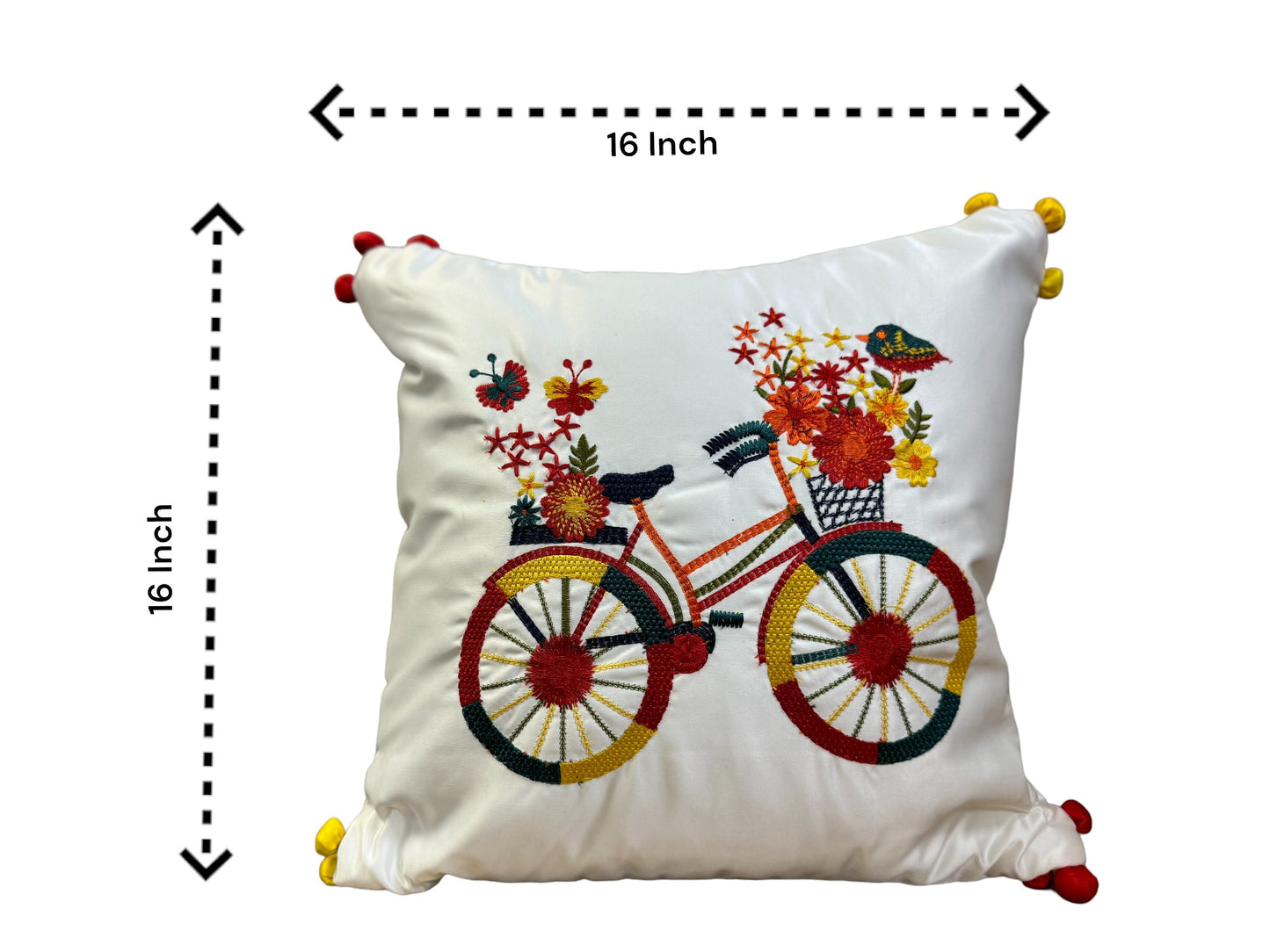 Satin Cushion or Pillow Cover with Cycle Embroidery & Satin Pompom on Sides, Set of 2