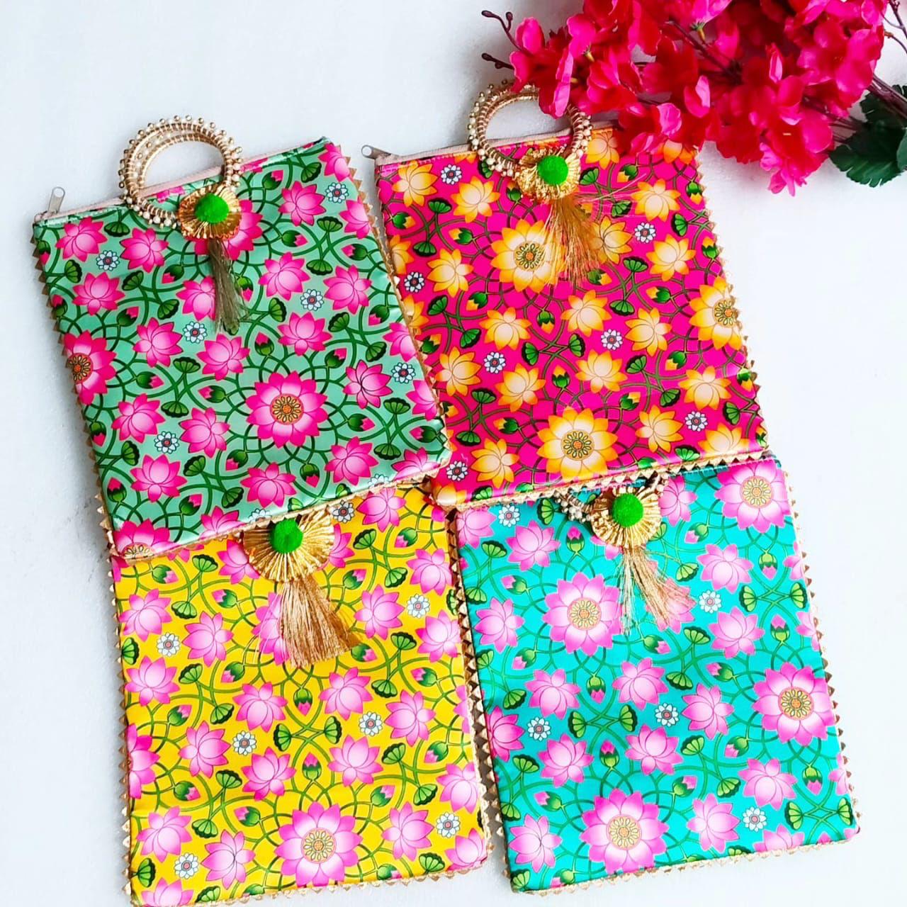 Lotus Print Silk Bags with Zipper & Round Handle, Set of 4
