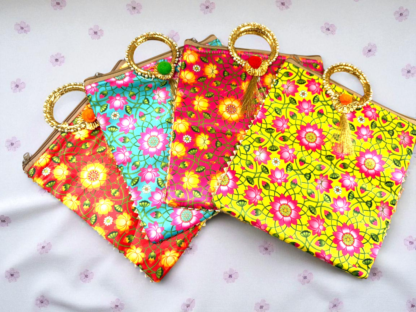Lotus Print Silk Bags with Zipper & Round Handle, Set of 4