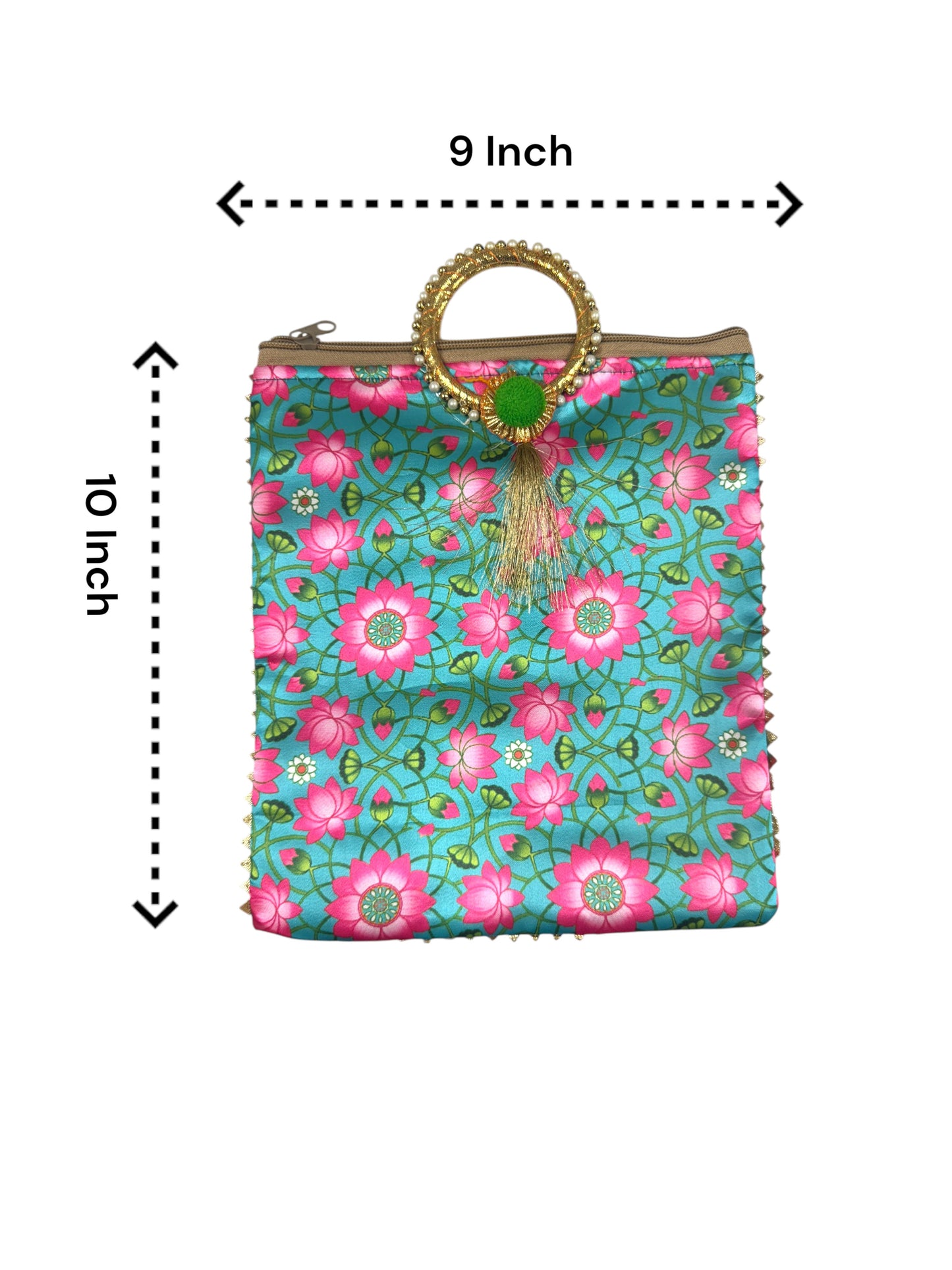 Lotus Print Silk Bags with Zipper & Round Handle, Set of 4