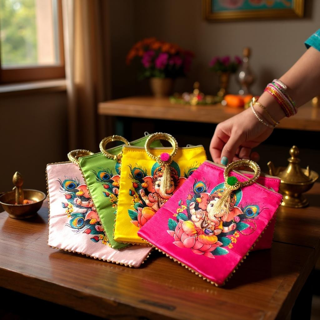 Ganesha Print Silk Bags with Zipper & Round Handle, Set of 5