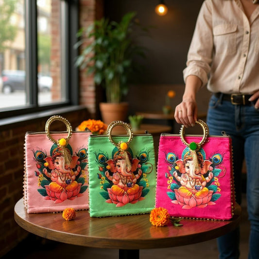 Ganesha Print Silk Bags with Zipper & Round Handle, Set of 5