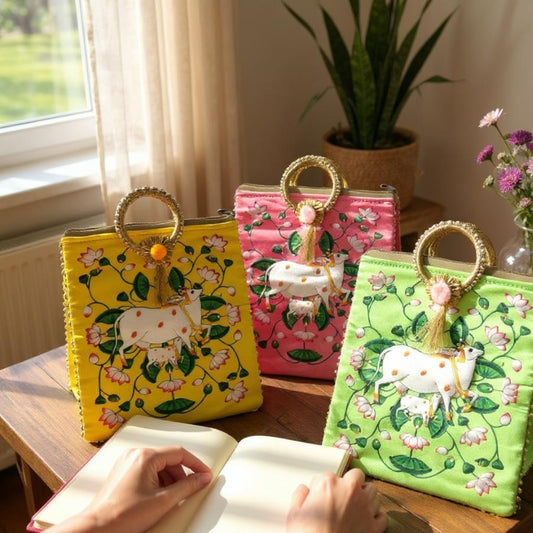 Pichwai Print Silk Bags with Zipper & Round Handle, Set of 5