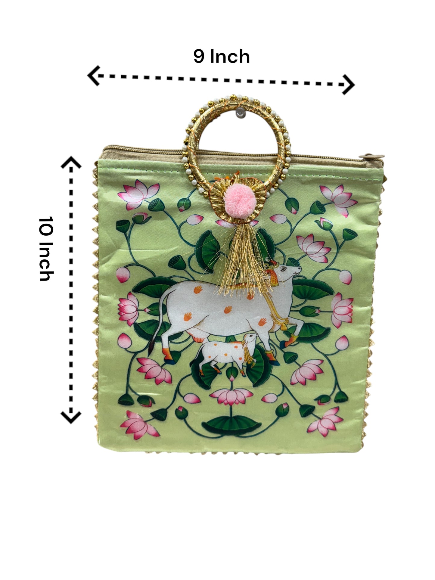 Pichwai Print Silk Bags with Zipper & Round Handle, Set of 5