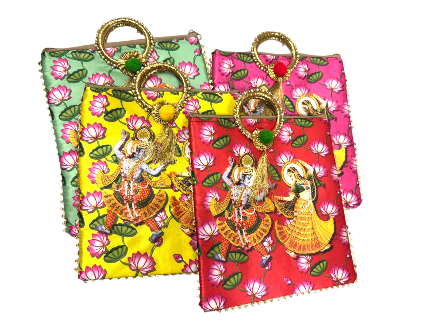 Radha Krishna Print Silk Bags with Zipper & Round Handle, Set of 5