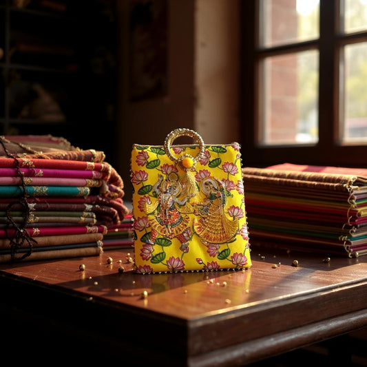 Radha Krishna Print Silk Bags with Zipper & Round Handle, Set of 5