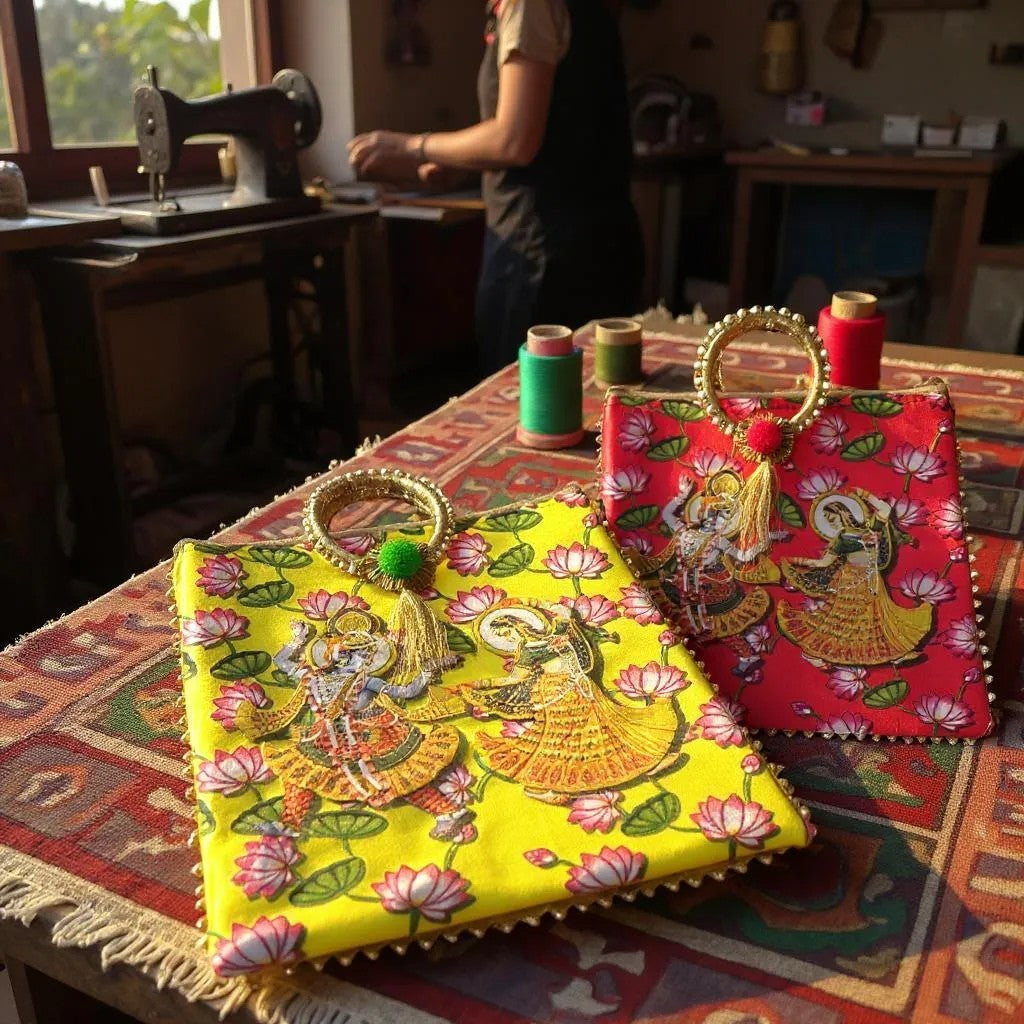 Radha Krishna Print Silk Bags with Zipper & Round Handle, Set of 5
