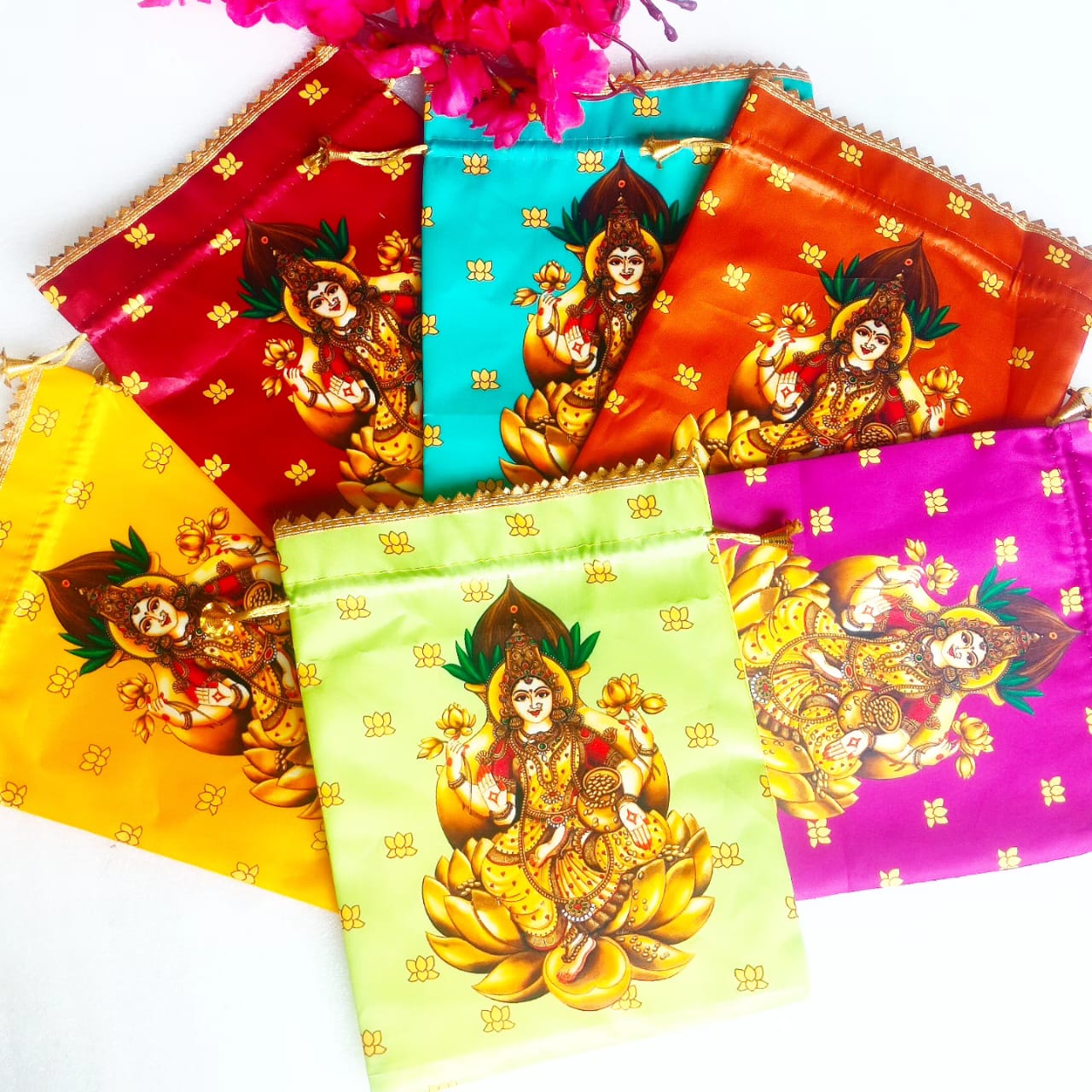 Laxmi Print Silk Potli Bags, Set of 5