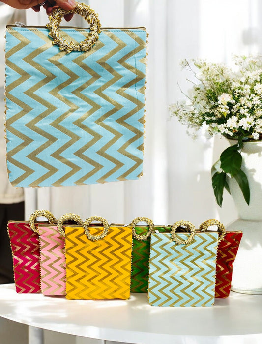 Chevron Print Silk Bags with Zipper & Round Handle, Set of 6