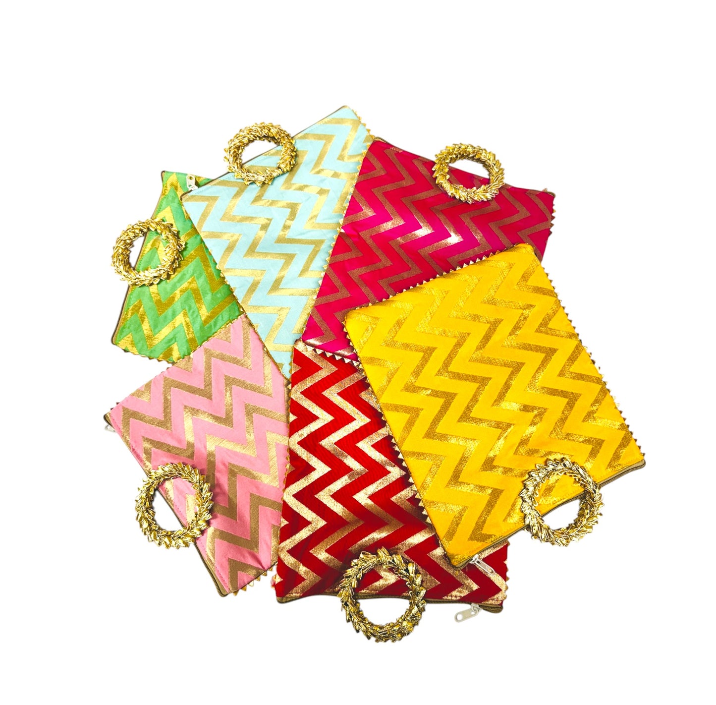 Chevron Print Silk Bags with Zipper & Round Handle, Set of 6