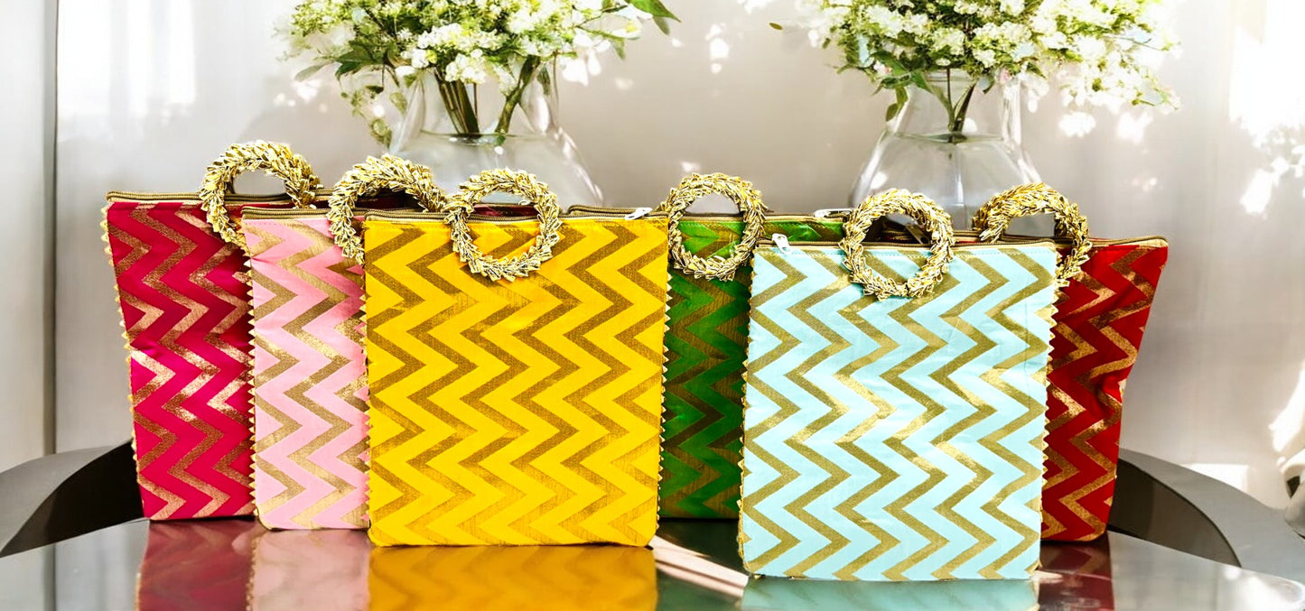Chevron Print Silk Bags with Zipper & Round Handle, Set of 6
