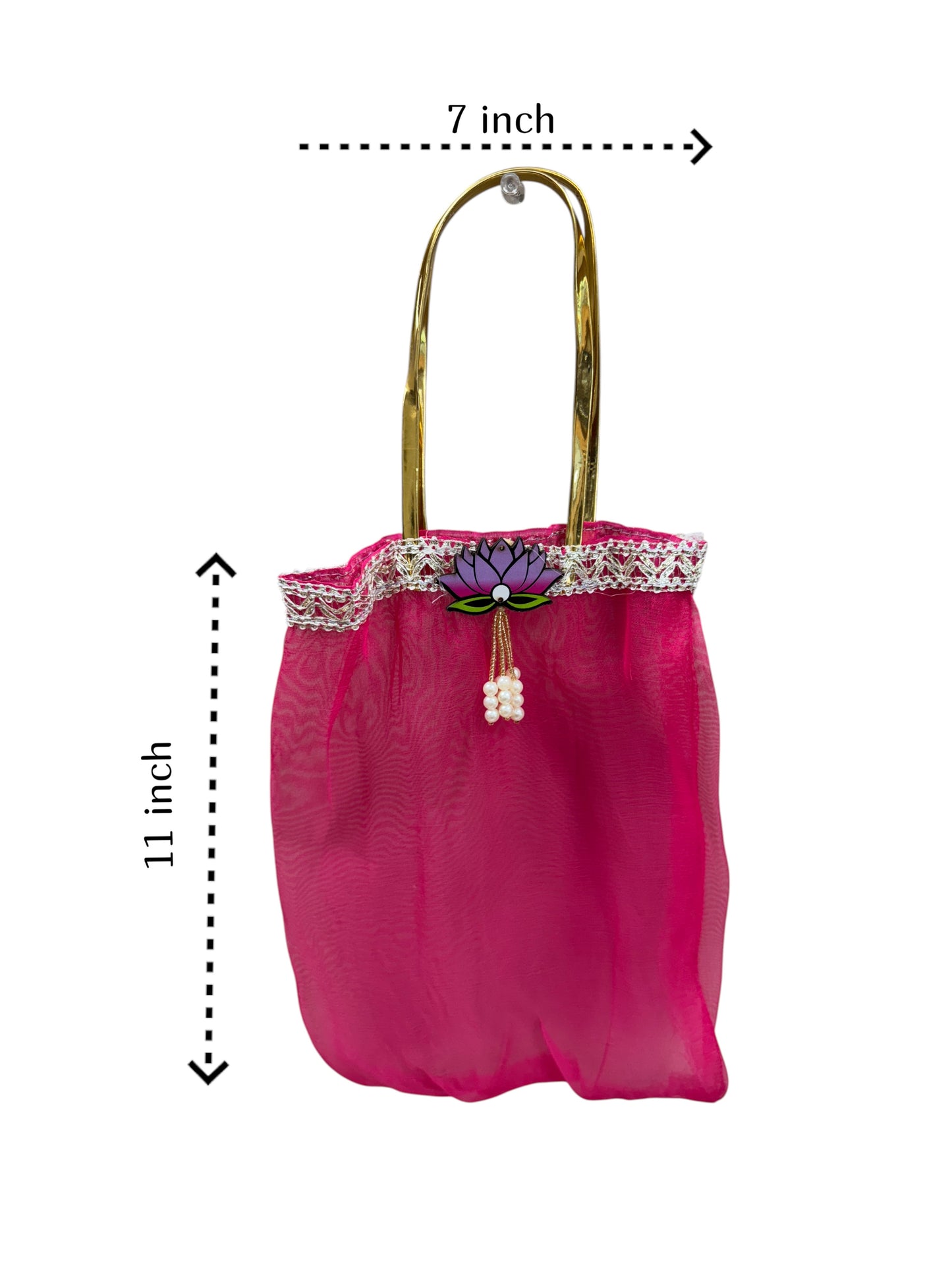 Set of 6 Tissue Fabric Bags with Lotus Embellishment & Golden Handles -Reusable & Eco Friendly Return Gift Bags