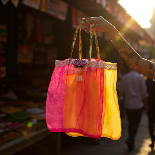 Set of 6 Tissue Fabric Bags with Lotus Embellishment & Golden Handles -Reusable & Eco Friendly Return Gift Bags
