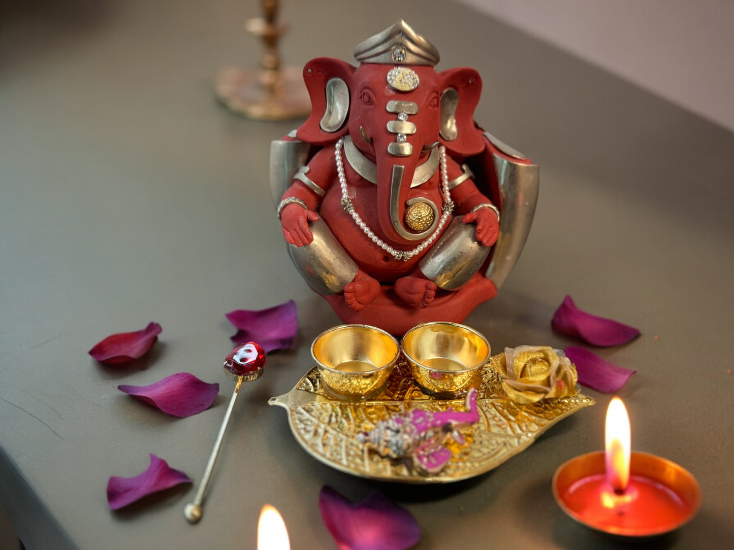 Haldi Kumkum Plate with Ganesha, Leaf & Flower, Set of 6