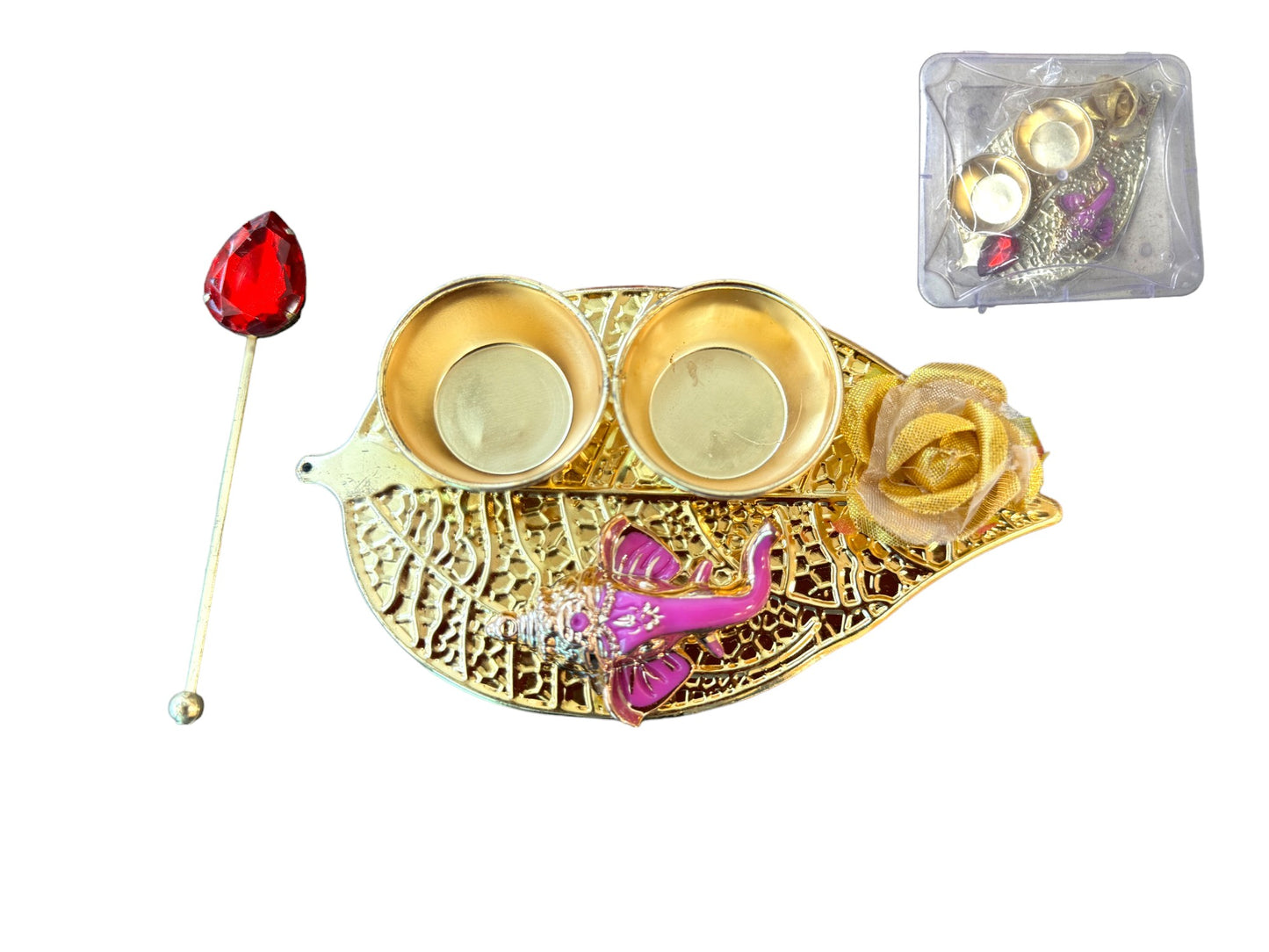 Haldi Kumkum Plate with Ganesha, Leaf & Flower, Set of 6