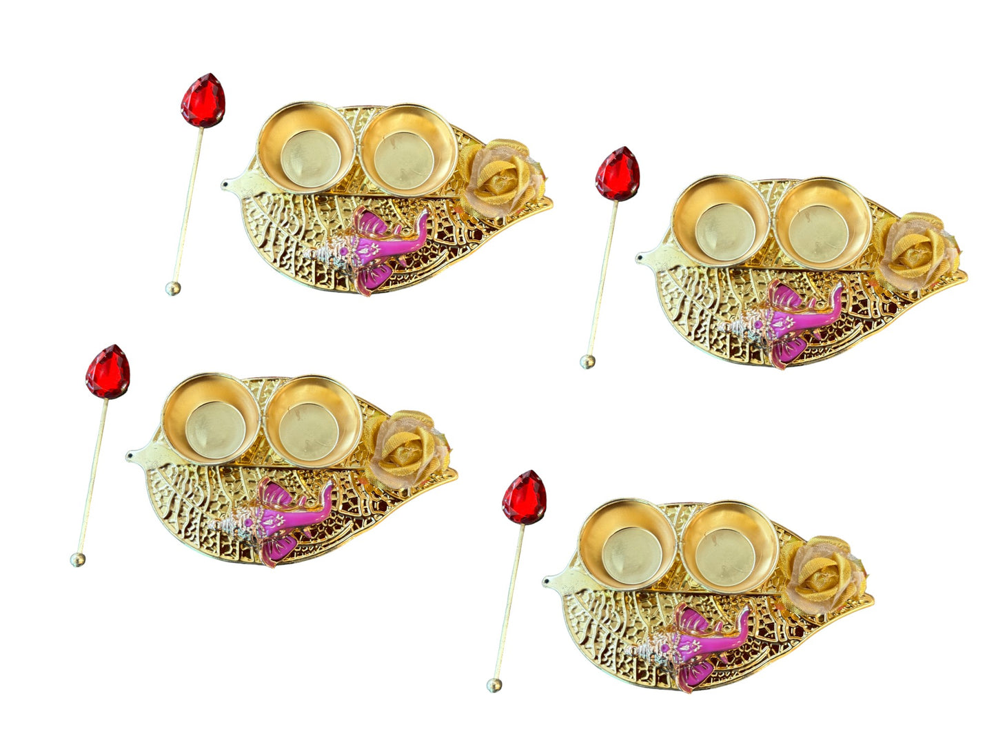 Haldi Kumkum Plate with Ganesha, Leaf & Flower, Set of 6