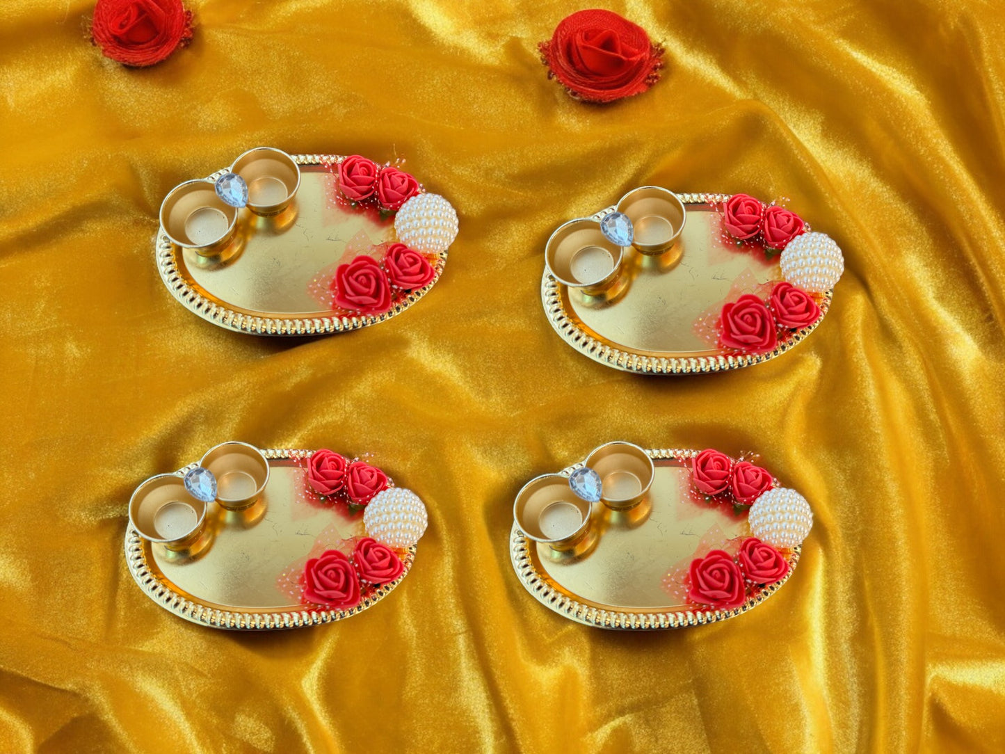 Haldi Kumkum Plate with Roses & Pearl, Set of 4