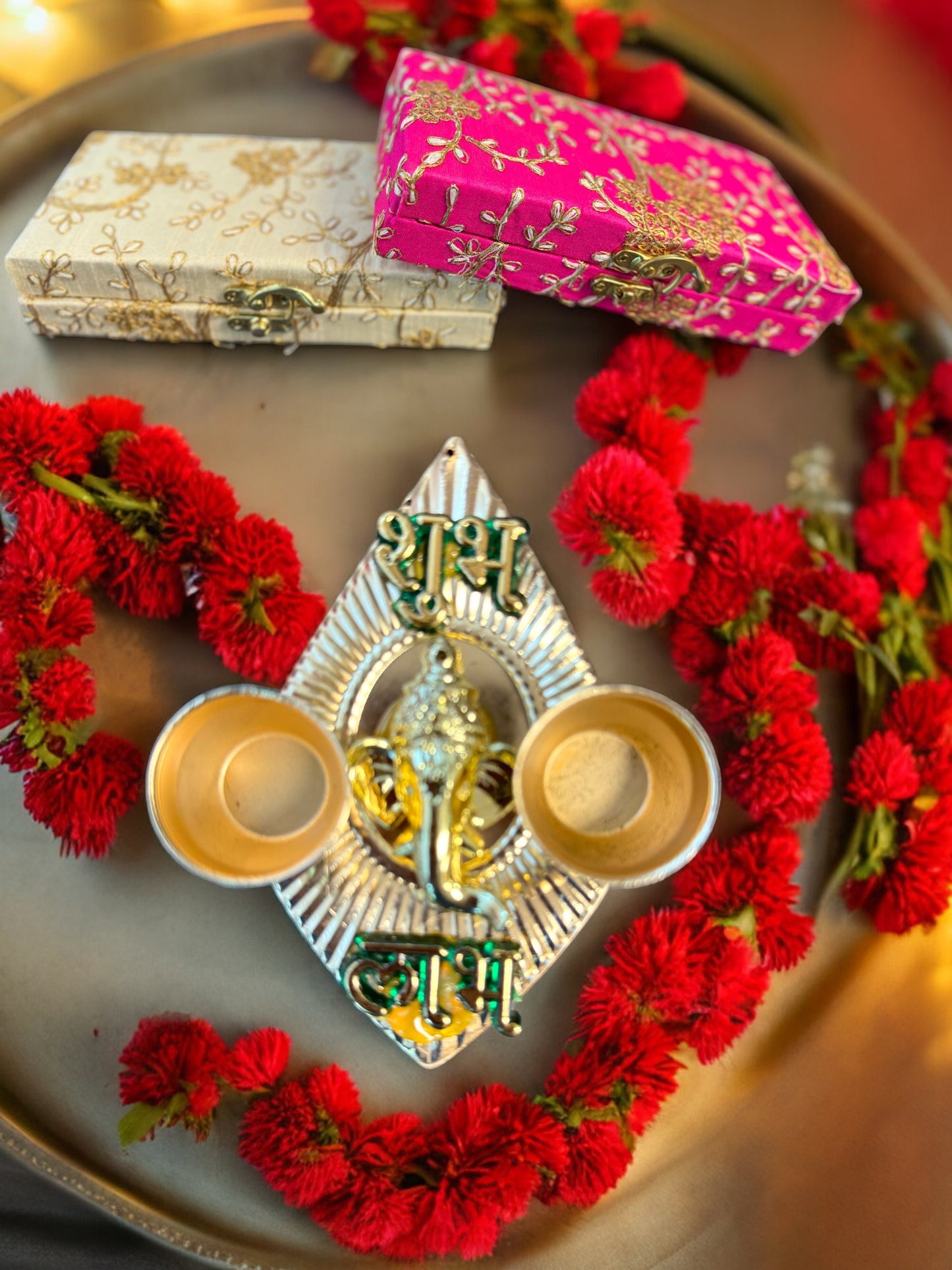 Haldi Kumkum Plate with Ganesha & Shubh Labh, Set of 5