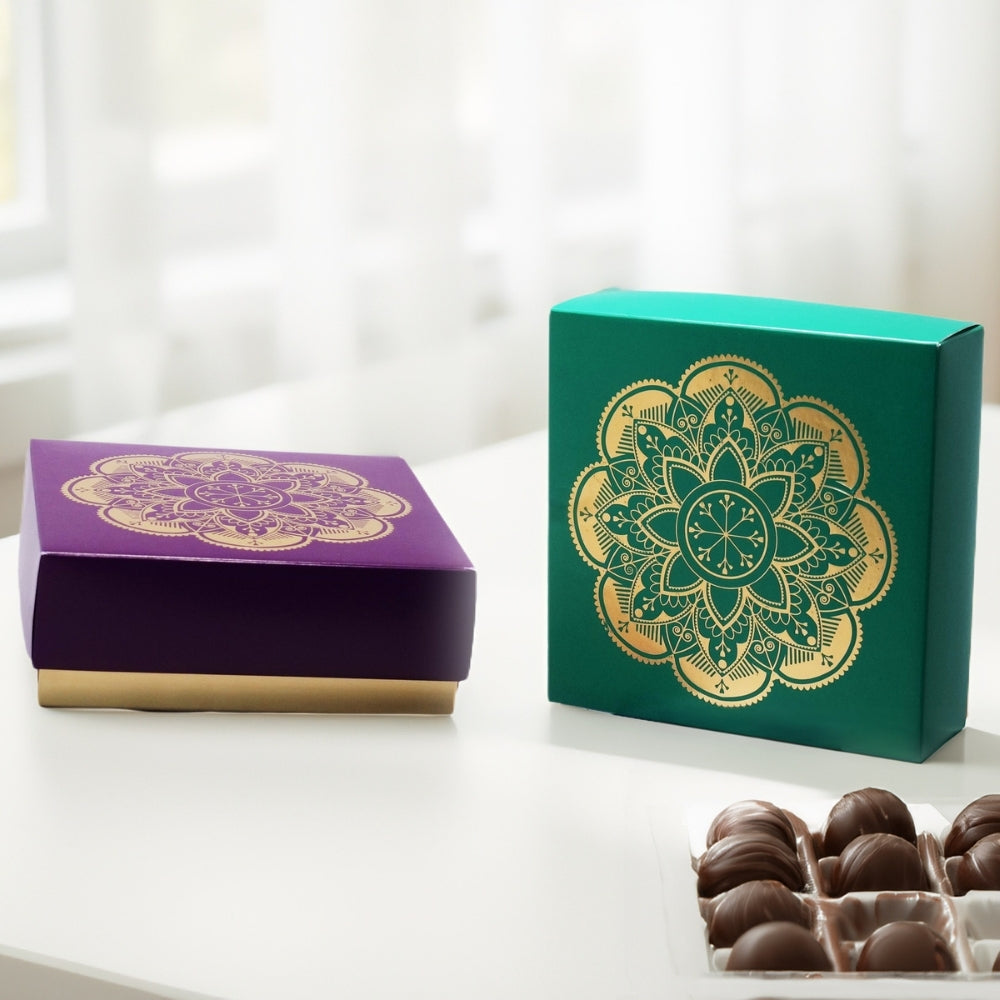 Rangoli Pattern Printed Gift Box, Set of 4 - Indian Sweet Boxes/ Pack Gifts or Prasad