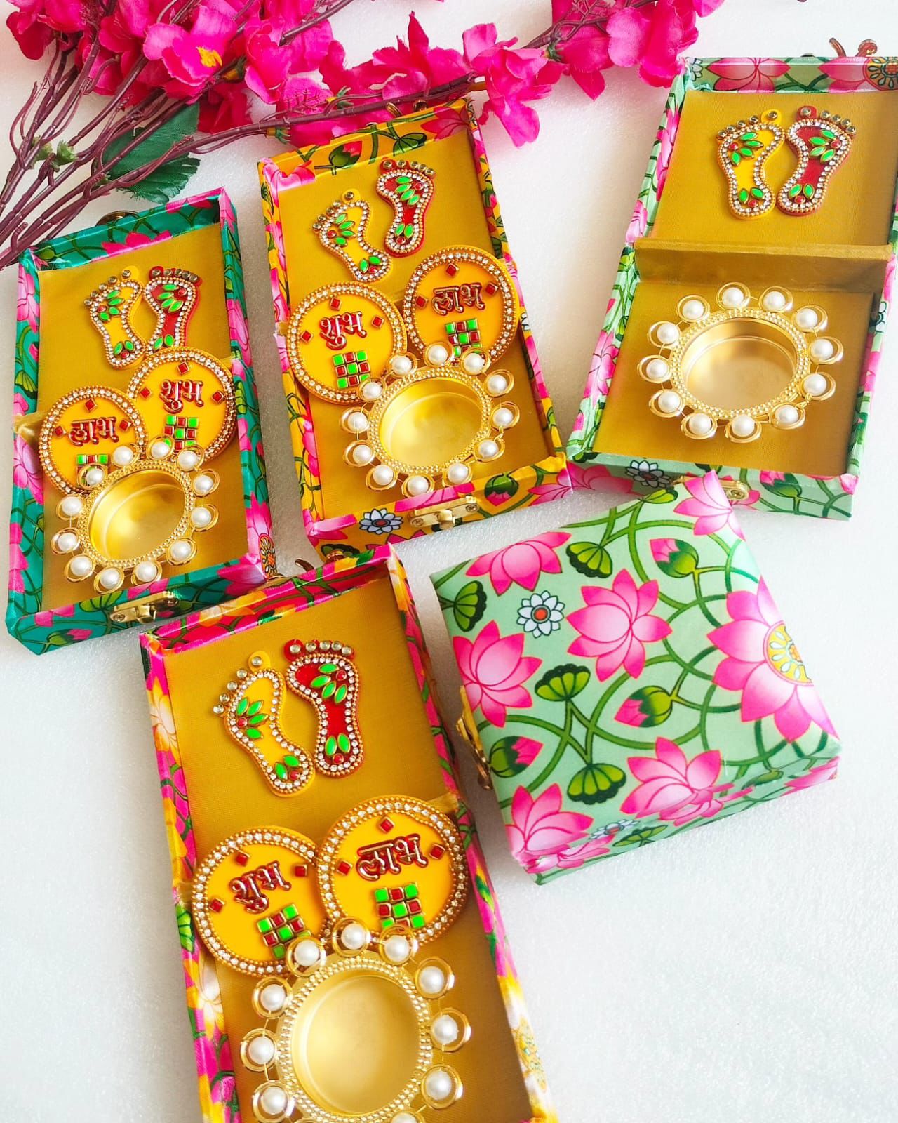 Auspicious Return Gifts for Indian Celebrations - Combo if Laxmi Charan, Shubh Labh & Diya in Lotus Print Gift Box