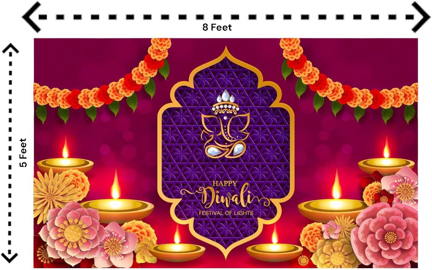 8x5 Feet Happy Diwali Fabric Reusable Backdrop Banner