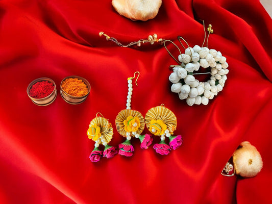 Flower & Pearl Earrings & Mangtika