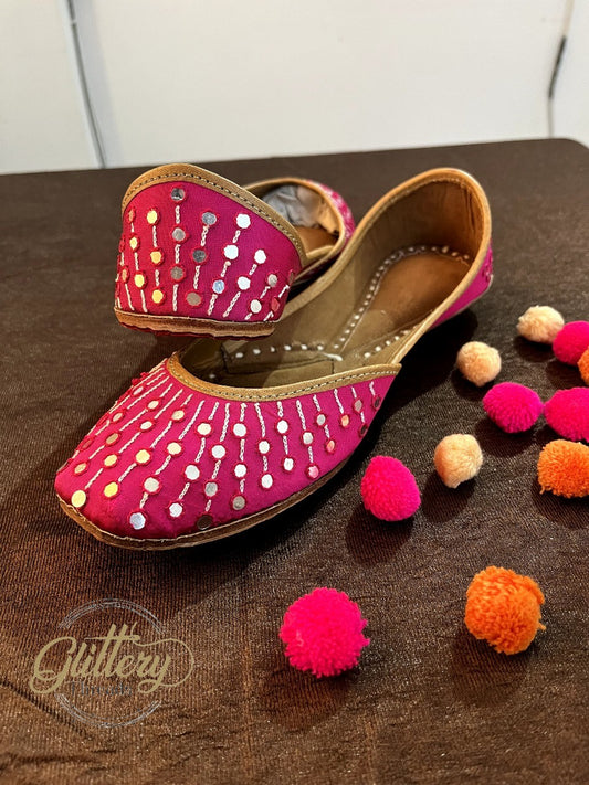 Fuschia Color Ethnic Punjabi Leather Jutti with Foil Mirror Work | Women's Indian Traditional Wear Mojari | Women's Khussa Shoes | Indian Ballet Flats