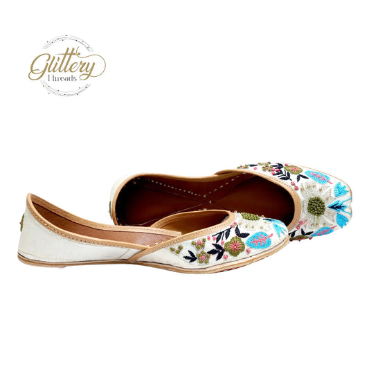 White Ethnic Punjabi Leather Jutti | Women'S Traditional Wear Mojari | Women Khussa Shoes | Indian Ballet Flats