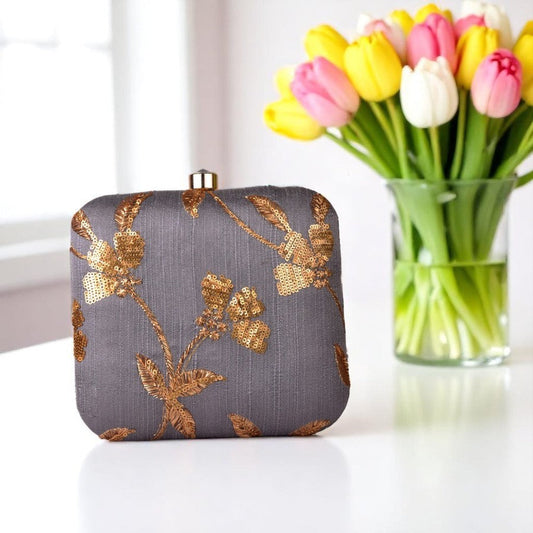 Indian Ethnic Designer Gray Clutch with Golden Flower Design
