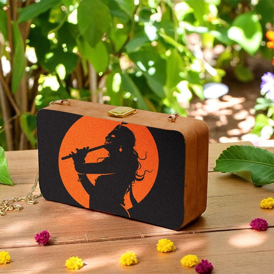 Indian Ethnic Designer Black & Orange Wooden Clutch with Portrait of Lord Krishna with Bansuri in Hand